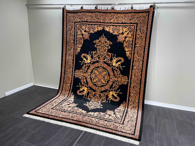 Angel Patterned Silk Rug, Black Gold Rug, 100% Bamboo Silk Carpet, Size: Ft: 6.6 x 9.8 Feet ( 200X300 Cm ) - Oriental Silk Rugs