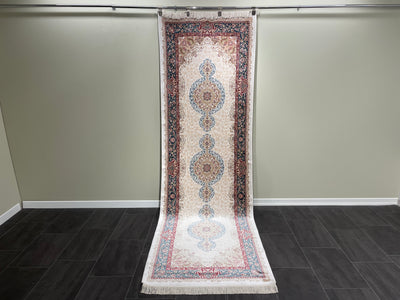 Classic Design Rug, Cream Rug, 100% Bamboo Silk Carpet, Size: Ft: 3.3 x 9.8 Feet ( 100X300 Cm ) - Oriental Silk Rugs