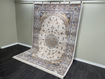 Turkish Silk Carpet, Cream Beige Rug, 100% Bamboo Silk Carpet, Size: Ft: 6.6 x 9.8 Feet ( 200X290 Cm ) - Oriental Silk Rugs