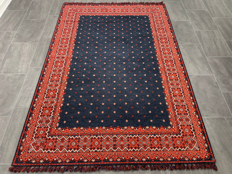 Afghan Design Rug, Navy & Red Rug, Cotton & Chenille, Size: Ft: 5.2 x 7.5 Feet ( 160X230 Cm ) - Oriental Silk Rugs