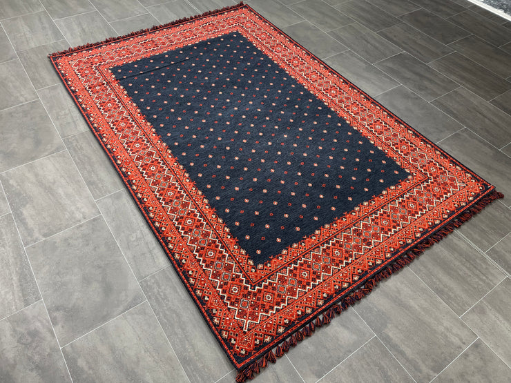 Afghan Design Rug, Navy & Red Rug, Cotton & Chenille, Size: Ft: 5.2 x 7.5 Feet ( 160X230 Cm ) - Oriental Silk Rugs