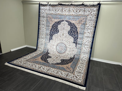 Traditional Silk Rug, Navy Rug, 100% Bamboo Silk Carpet, Size: Ft: 8.2 x 11.5 Feet ( 240X340 Cm ) - Oriental Silk Rugs