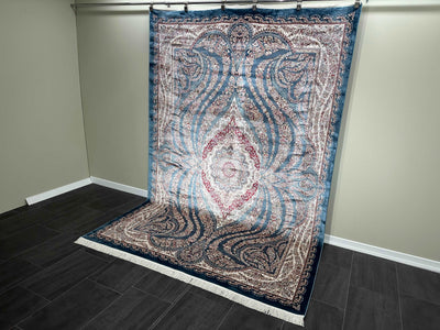 Anatolian Silk Rug, Blue Rug, 100% Bamboo Silk Carpet, Size: Ft: 6.6 x 9.8 Feet ( 200X290 Cm ) - Oriental Silk Rugs