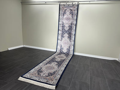 Turkish Silk Carpet, Navy Blue Rug, 100% Bamboo Silk Carpet, Size: Ft: 2.6 x 13.1 Feet ( 80X400 Cm ) - Oriental Silk Rugs