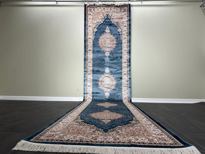 Classic Design Runner Silk Rug, Navy Rug, 100% Bamboo Silk Carpet, Size: Ft: 3.3 x 13.1 Feet ( 100X400 Cm ) - Oriental Silk Rugs