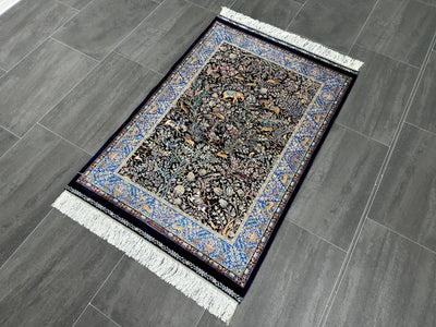 Tree Of Life Patterned Silk Rug, Navy Blue Rug, 100% Bamboo Silk Carpet, Size: Ft: 2.6 x 3.9 Feet ( 80X120 Cm ) - Oriental Silk Rugs