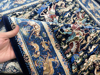 Animal Patterned Rug, Traditional Rug, Oriental Silk carpet, Navy Blue Rug, Bamboo Silk Carpet, Size: Ft: 2.6 x 3.9 80X120 Cm - Oriental Silk Rugs