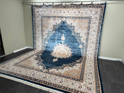 Traditional Silk Rug, Cream & Blue Rug, 100% Bamboo Silk Carpet, Size: Ft: 9.8 x 13.1 Feet ( 300X400 Cm ) - Oriental Silk Rugs
