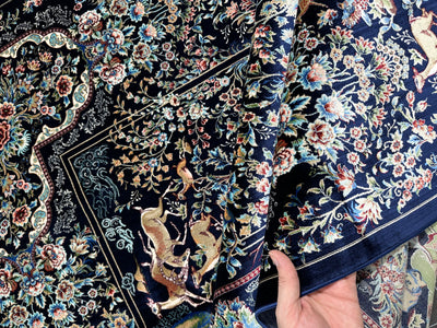 Animal Patterned Silk Rug, Navy Blue Rug, 100% Bamboo Silk Carpet, Size: Ft: 3.9 x 5.9 Feet ( 120X180 Cm ) - Oriental Silk Rugs