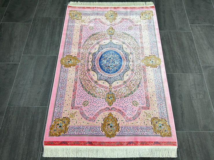 Traditional Silk Rug, Pink Blue Rug, 100% Bamboo Silk Carpet, Size: Ft: 3.3 x 4.9 Feet ( 100X150 Cm )