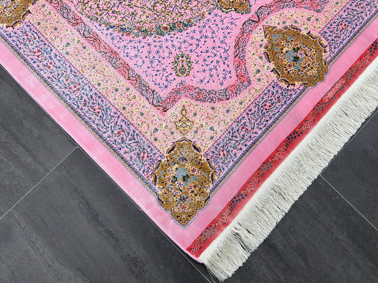 Traditional Silk Rug, Pink Blue Rug, 100% Bamboo Silk Carpet, Size: Ft: 3.3 x 4.9 Feet ( 100X150 Cm )
