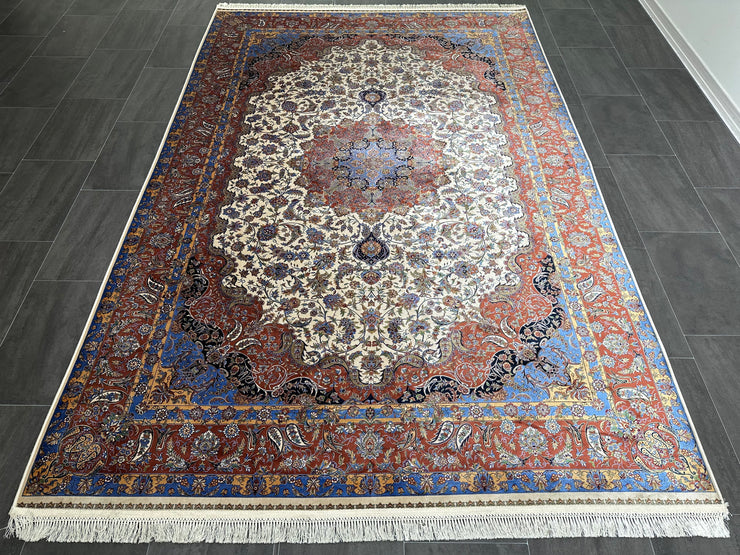 Traditional Silk Rug, Navy & Cream Silk Rug, 100% Bamboo Silk Carpet, Size: Ft: 6.6 x 9.8 Feet ( 200X300 Cm )