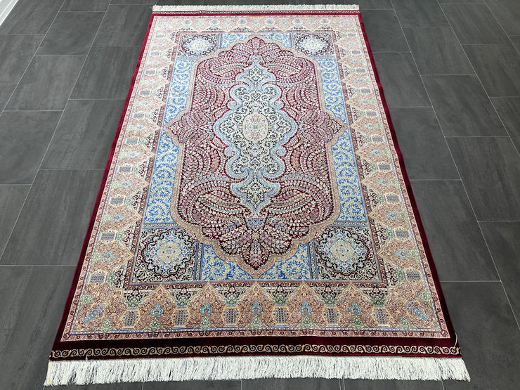 Traditional Silk Rug, Red & Blue Rug, 100% Bamboo Silk Carpet, Size: Ft: 4.9 x 7.4 Feet ( 150X230 Cm )