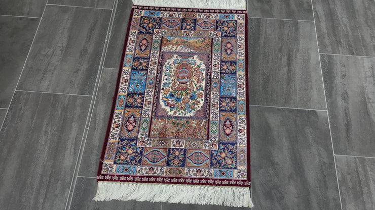 Oriental Design Silk Carpet, Dark Red & Multicolor, 100% Bamboo Silk , Size 2.0 x 3.0 Feet ( 60X90 Cm )