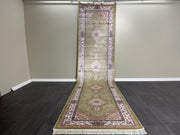 Ft: 3.3 x 13.1 Green Runner Silk Rug Hallway Silk Rug Turkish Carpet Entryway Silk Rug