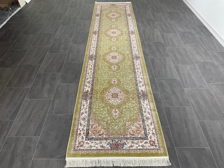 Ft: 3.3 x 13.1 Green Runner Silk Rug Hallway Silk Rug Turkish Carpet Entryway Silk Rug