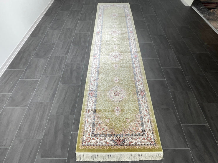 Ft: 3.3 x 13.1 Green Runner Silk Rug Hallway Silk Rug Turkish Carpet Entryway Silk Rug