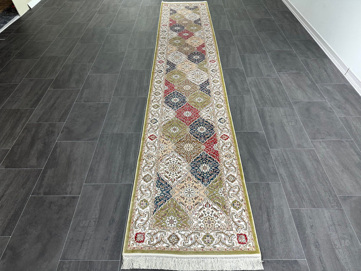 Ft: 2.6 x 13.1 Runner Silk Rug Green Silk Rug Hallway Silk Carpet Turkish Runner Rug