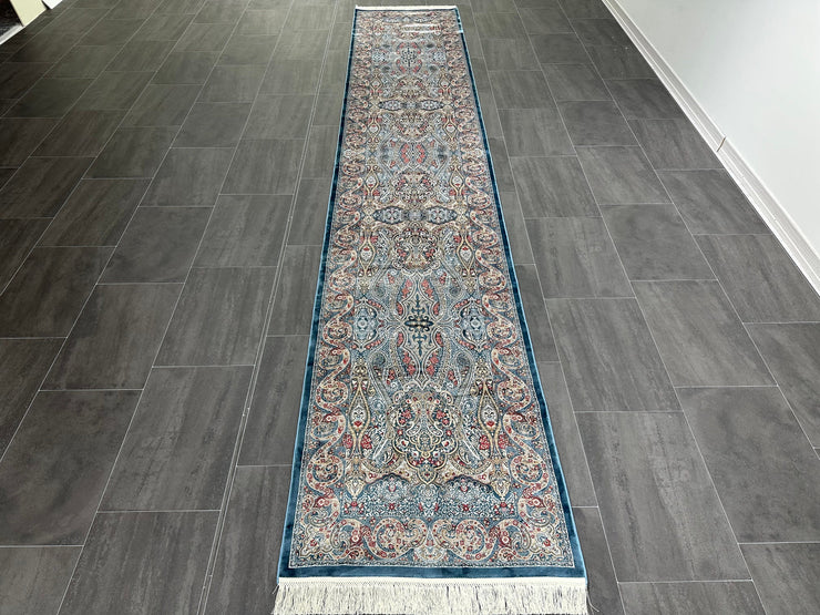 Ft: 2.6 x 13.1 Runner Silk Rug Dark Blue Rug Turkish Carpet Rug For Hallway Bamboo Silk Rug