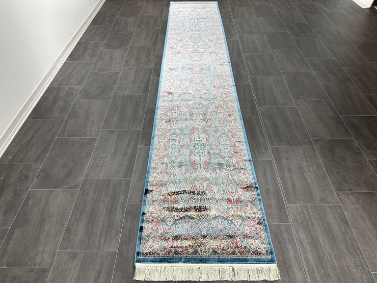 Ft: 2.6 x 13.1 Runner Silk Rug Dark Blue Rug Turkish Carpet Rug For Hallway Bamboo Silk Rug