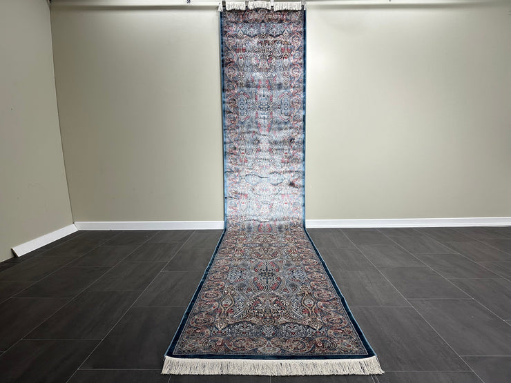 Ft: 2.6 x 13.1 Runner Silk Rug Dark Blue Rug Turkish Carpet Rug For Hallway Bamboo Silk Rug